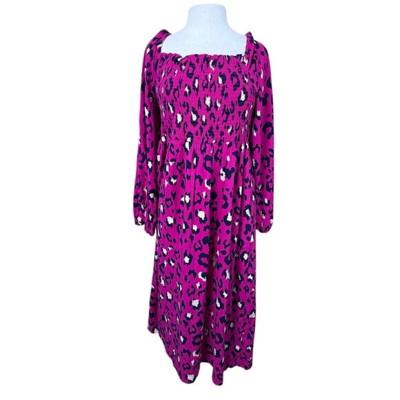 Crown & Ivy Leopard Print Smocked Front Maxi Dress Pink Navy Large NEW - Picture 2 of 10